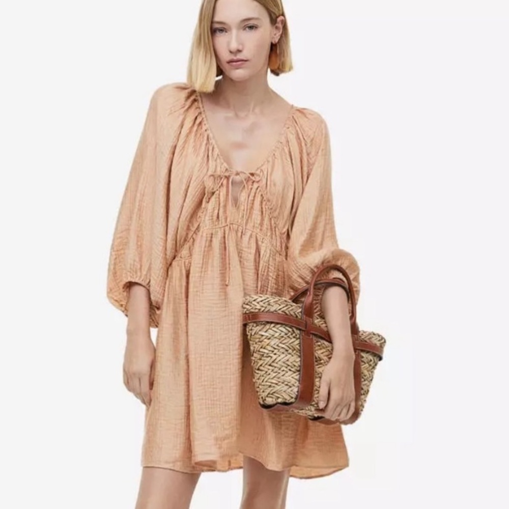 H&M Cream Lyocell Blend Peasant Boho Balloon Sleeve Oversized Drop Waist Dress
